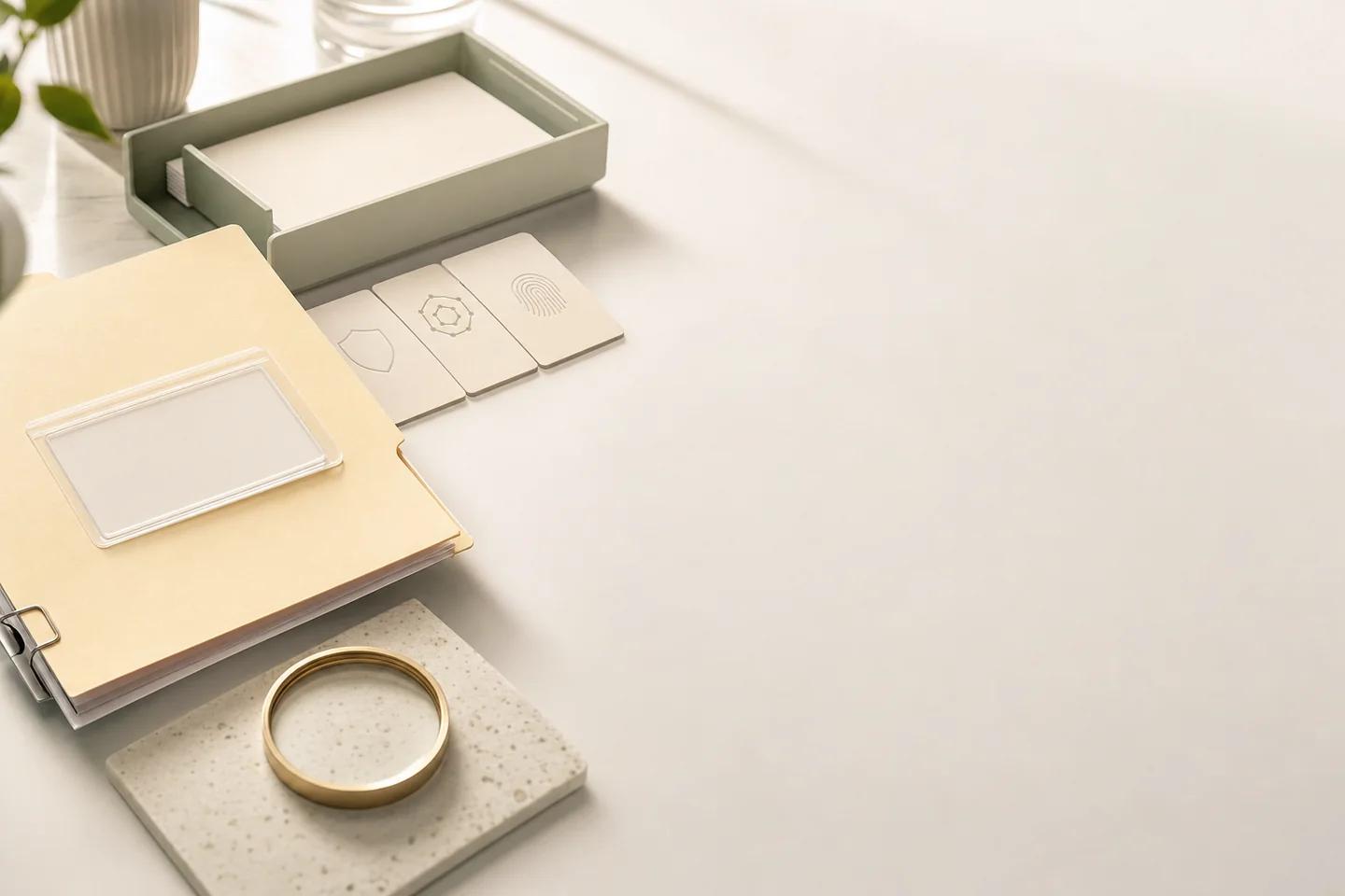 A manila folder with a clear ID card sleeve, three tiles marked with shield, network and fingerprint icons, and a brass magnifier on a light desk.