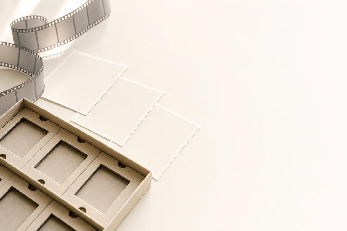 A curling film strip above a tray of empty frame slots and loose transparent sheets on a light surface.