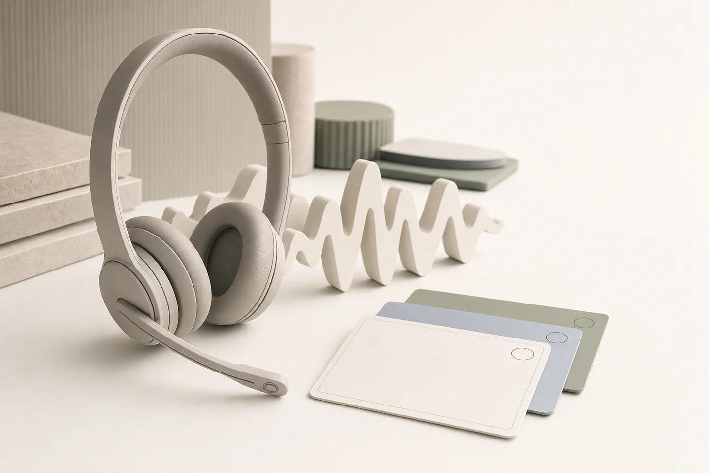 Headset beside a wavy paper sculpture and three stacked cards on a pale desk.