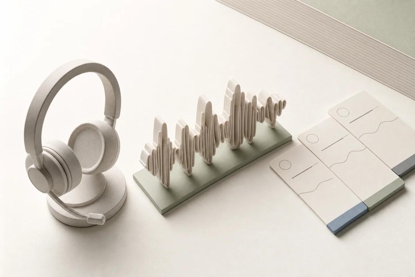 Headset beside a carved paper waveform and three cards with small waveform marks on a pale desk.