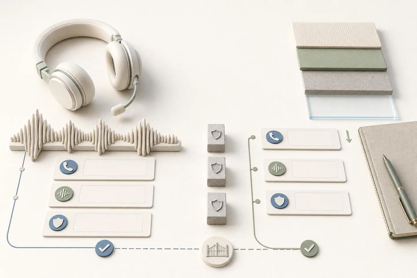 Light enterprise still life for deepfake voice phishing vishing in the financial sector: deepfake-related verification objects on a white surface, no people.