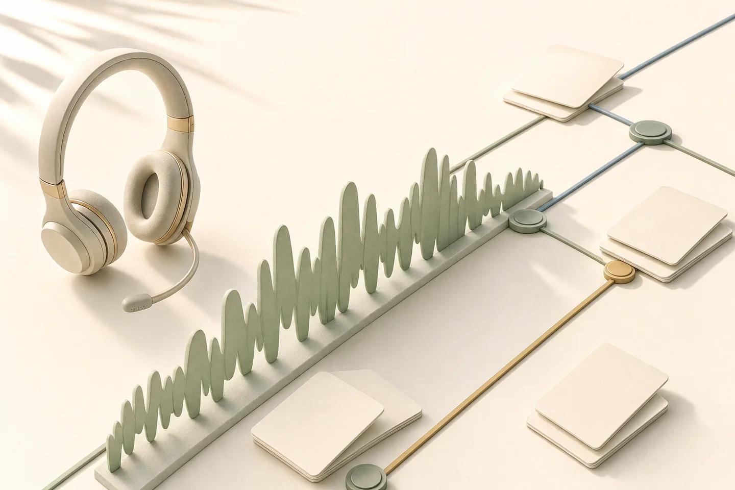 Headset beside a long green waveform connected by lines to separate stacks of cards.