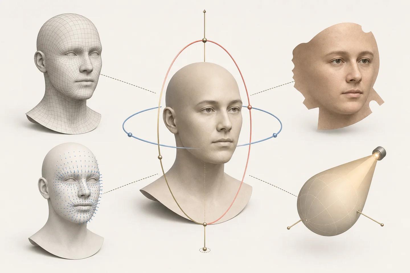 An exploded anonymous head separates facial mesh, texture, pose, expression, and lighting controls.