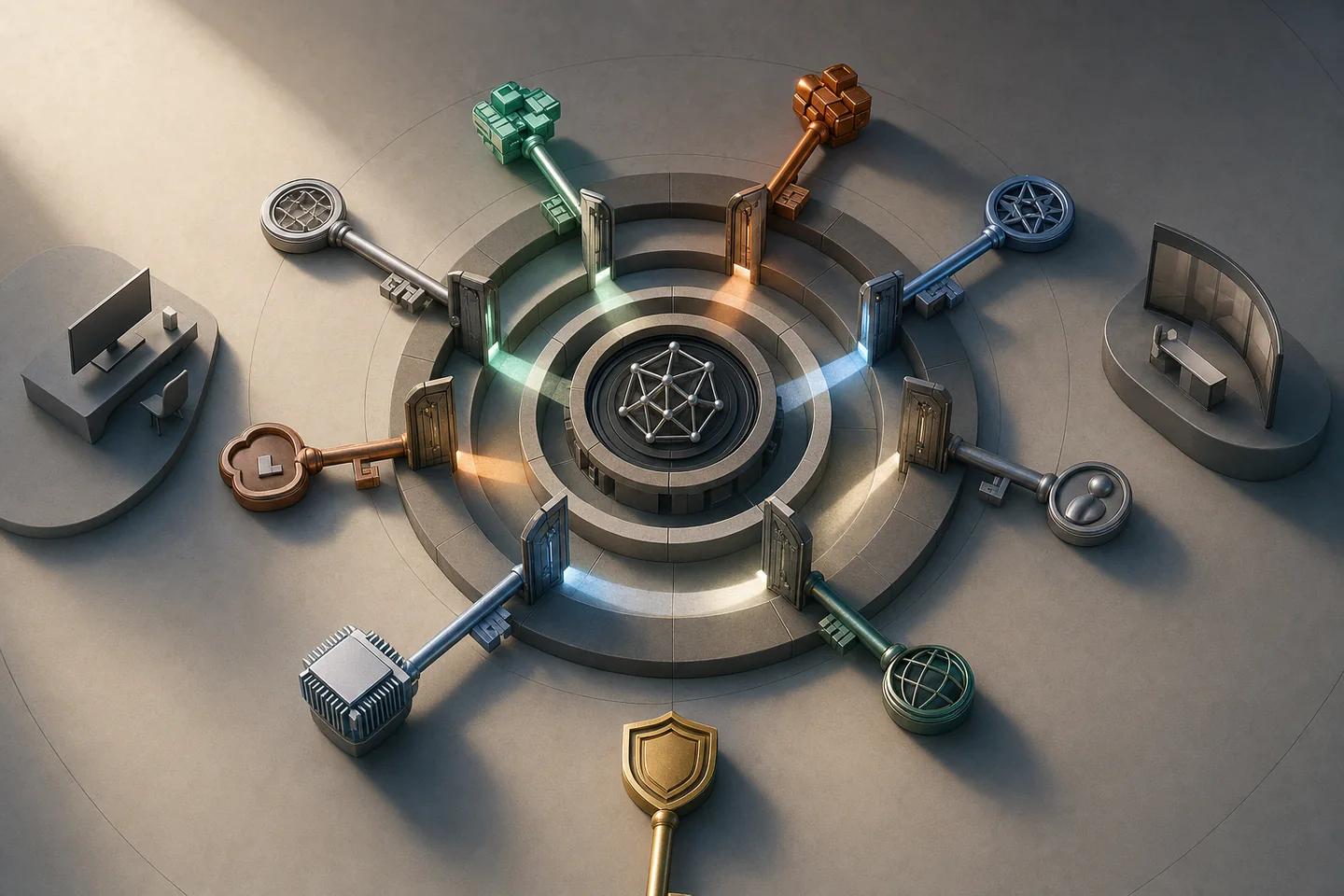 Different physical keys open separate rings around a model core, showing multiple conditions for practical access.