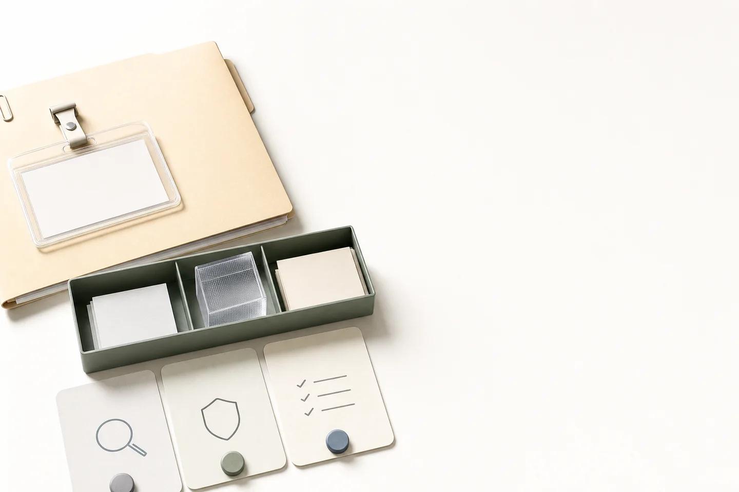 Folder with a blank ID badge holder, a three-part tray with cards and a clear cube, and three cards showing a magnifier, a shield and a checklist.