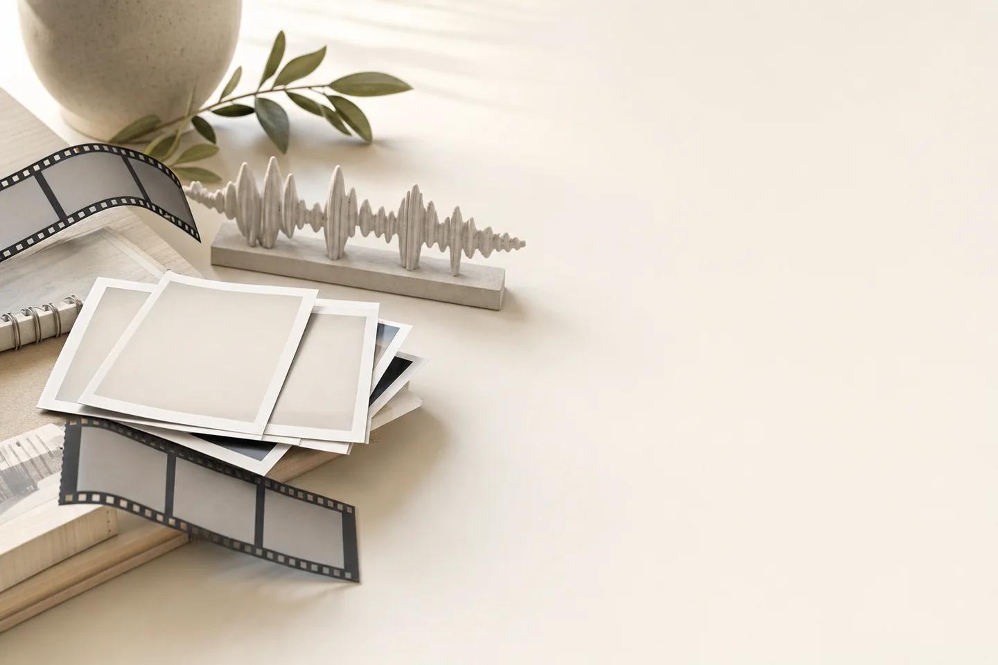 Photo cards and film strips stacked beside a sound-wave sculpture and a sprig of leaves.