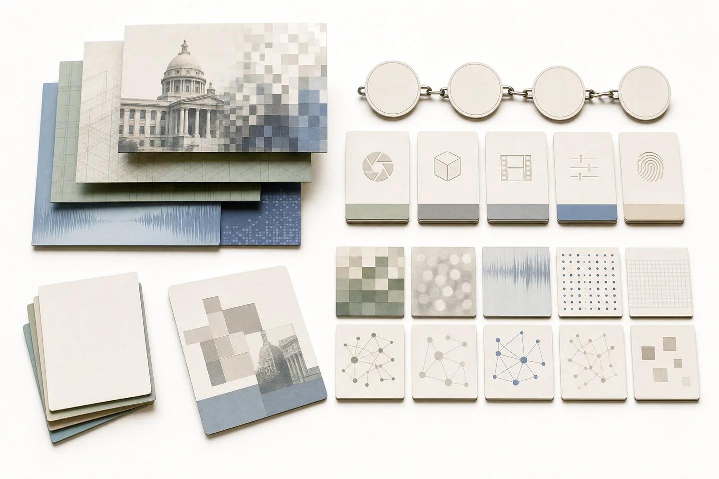A pixelated print of a domed building beside grids of tiles showing waveforms, nodes and texture patterns.