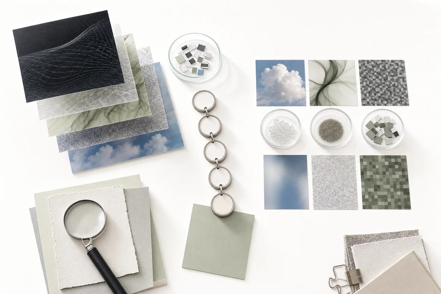 Layered image samples, a grid of pixelated and textured squares, dishes of fragments and a magnifying glass on white.