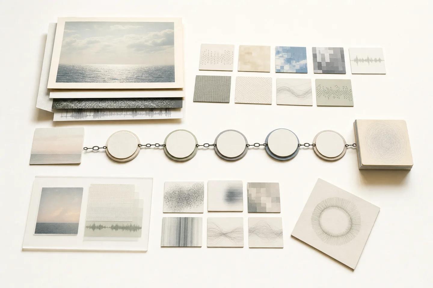 Rows of small textured tiles and photo prints connected by a chain of round discs on a pale surface.