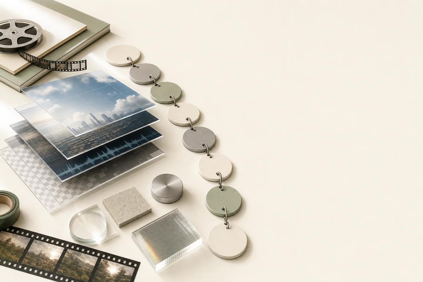 Translucent city skyline panels, film strips, a chain of tags and glass blocks spread across a cream surface.
