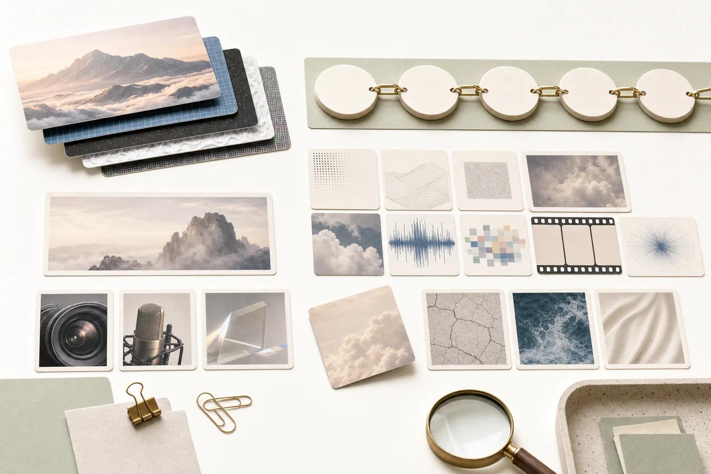 Still life of photo prints, a camera lens, a microphone, texture swatches and a magnifying glass on a white table.