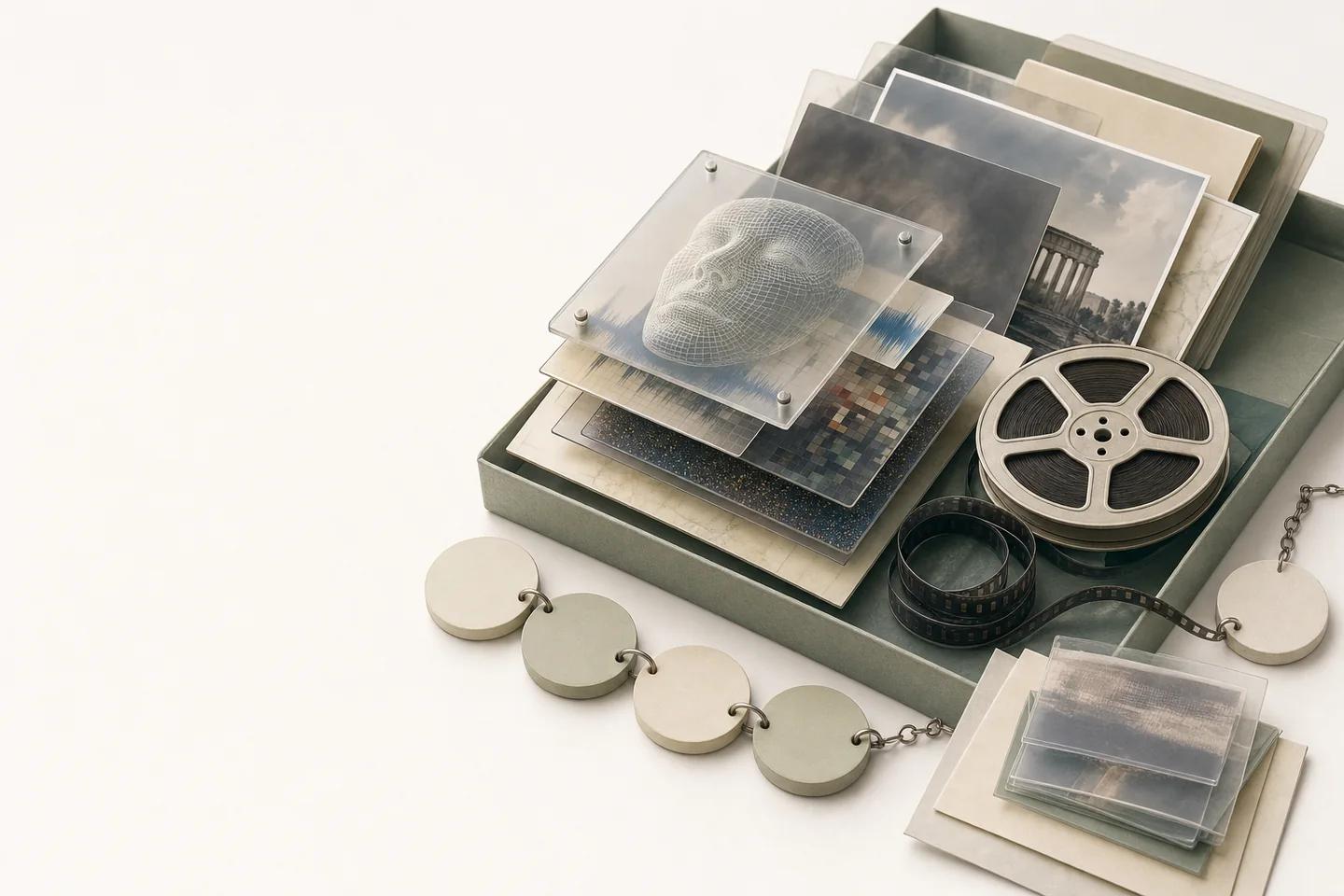 Translucent sheets showing blurred faces stacked in a tray with a film reel and a chain of discs.