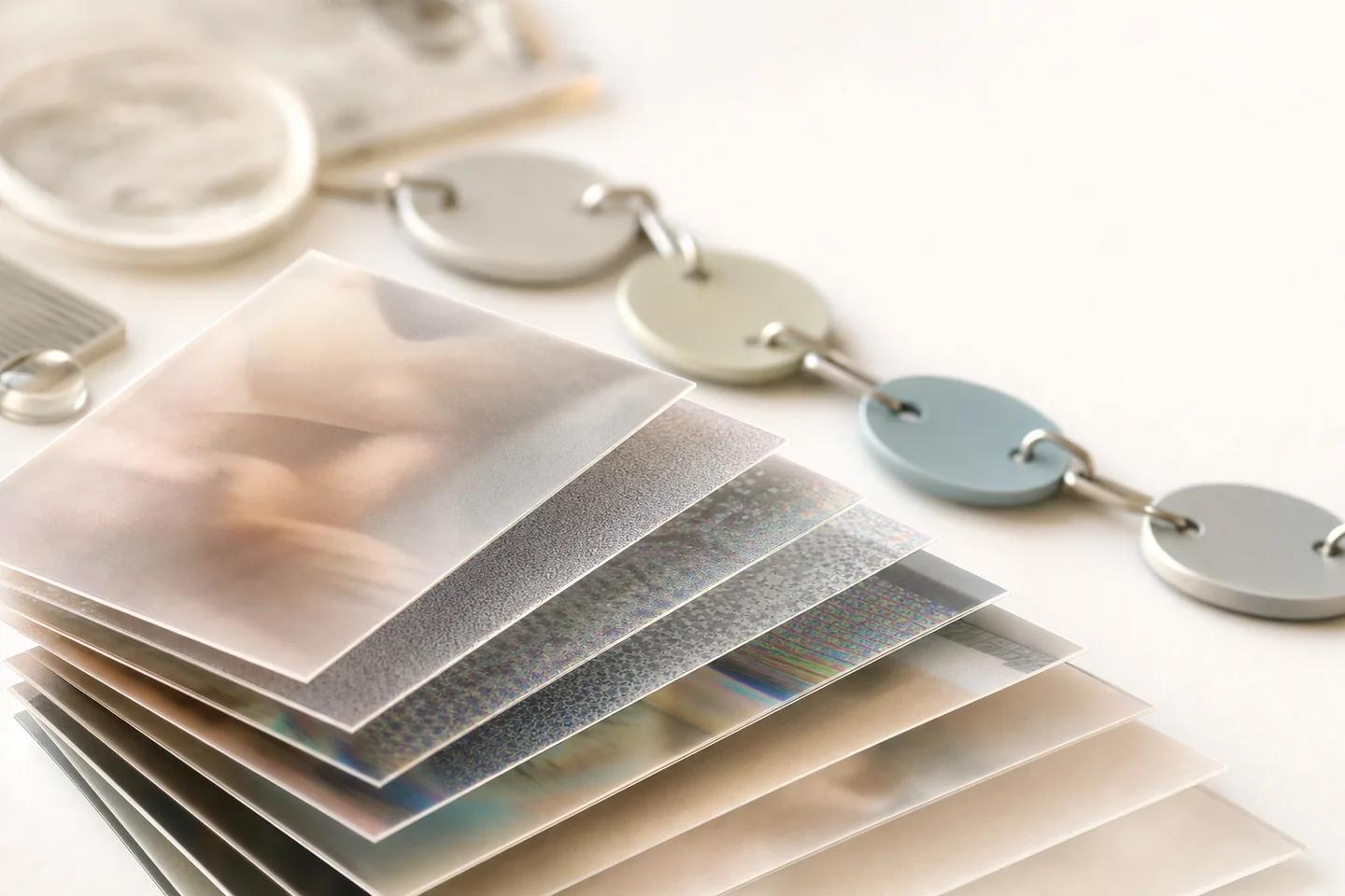 A fanned stack of frosted translucent prints beside a chain of pastel discs on a white surface.