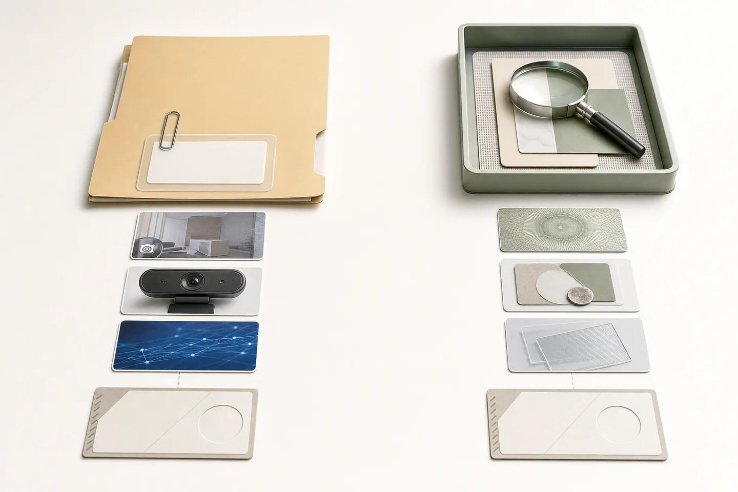 Two parallel columns of cards: one runs from a folder and ID badge through a room photo, webcam and network graphic; the other from a magnifier tray through texture samples.