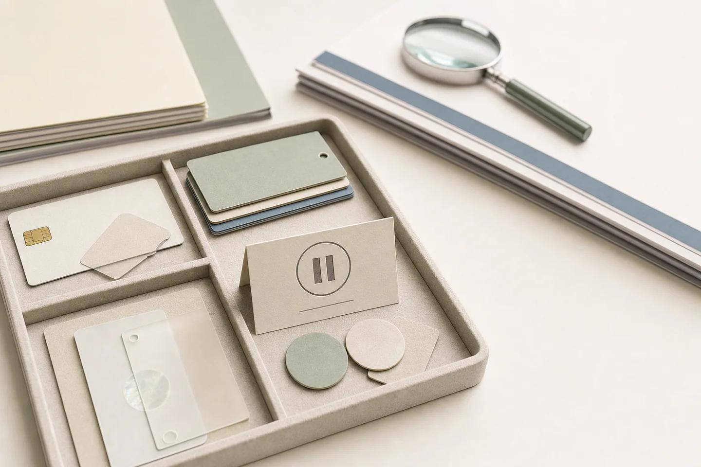 Divided tray holding a chip card under a translucent sheet, stacked cards, a paused status tent card and blank discs, beside folders and a magnifier.