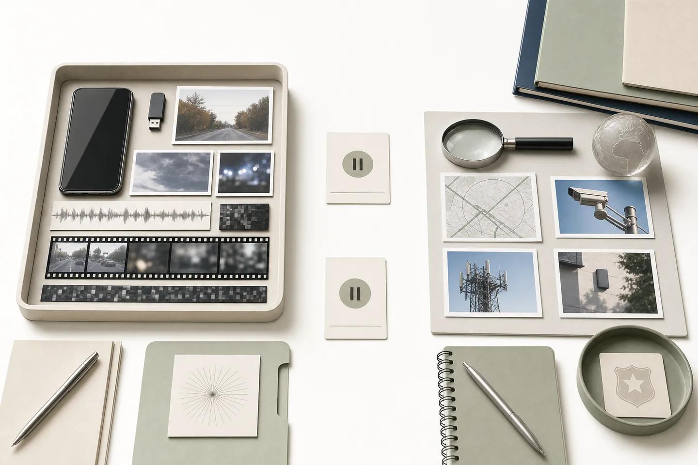 Evidence tray holding a phone, USB drive, photos, an audio waveform and a film strip, beside a magnifier, location map, CCTV camera photo, case folders and a badge emblem.
