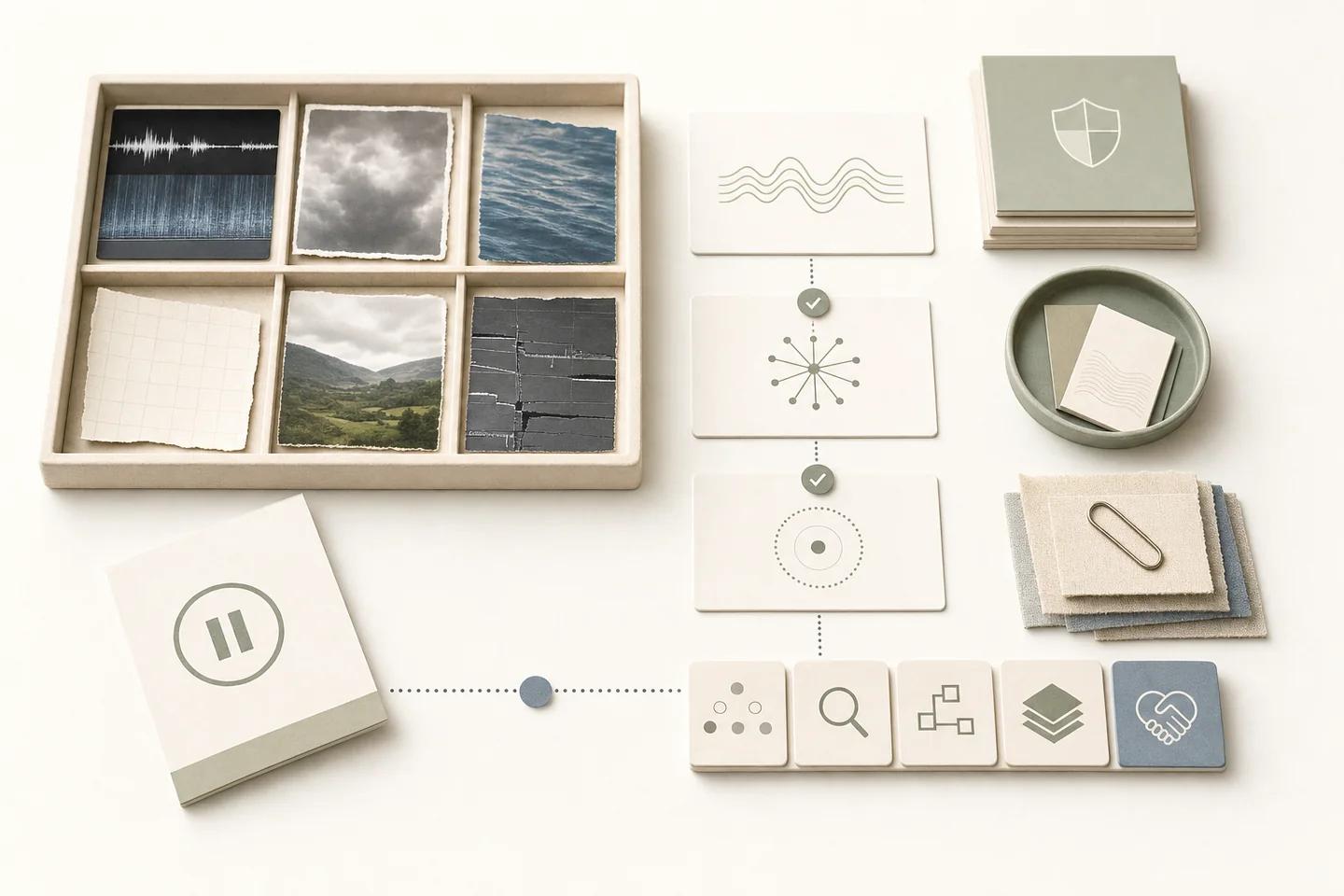 Verification objects arranged on a white surface, representing the stages of a social engineering attack.