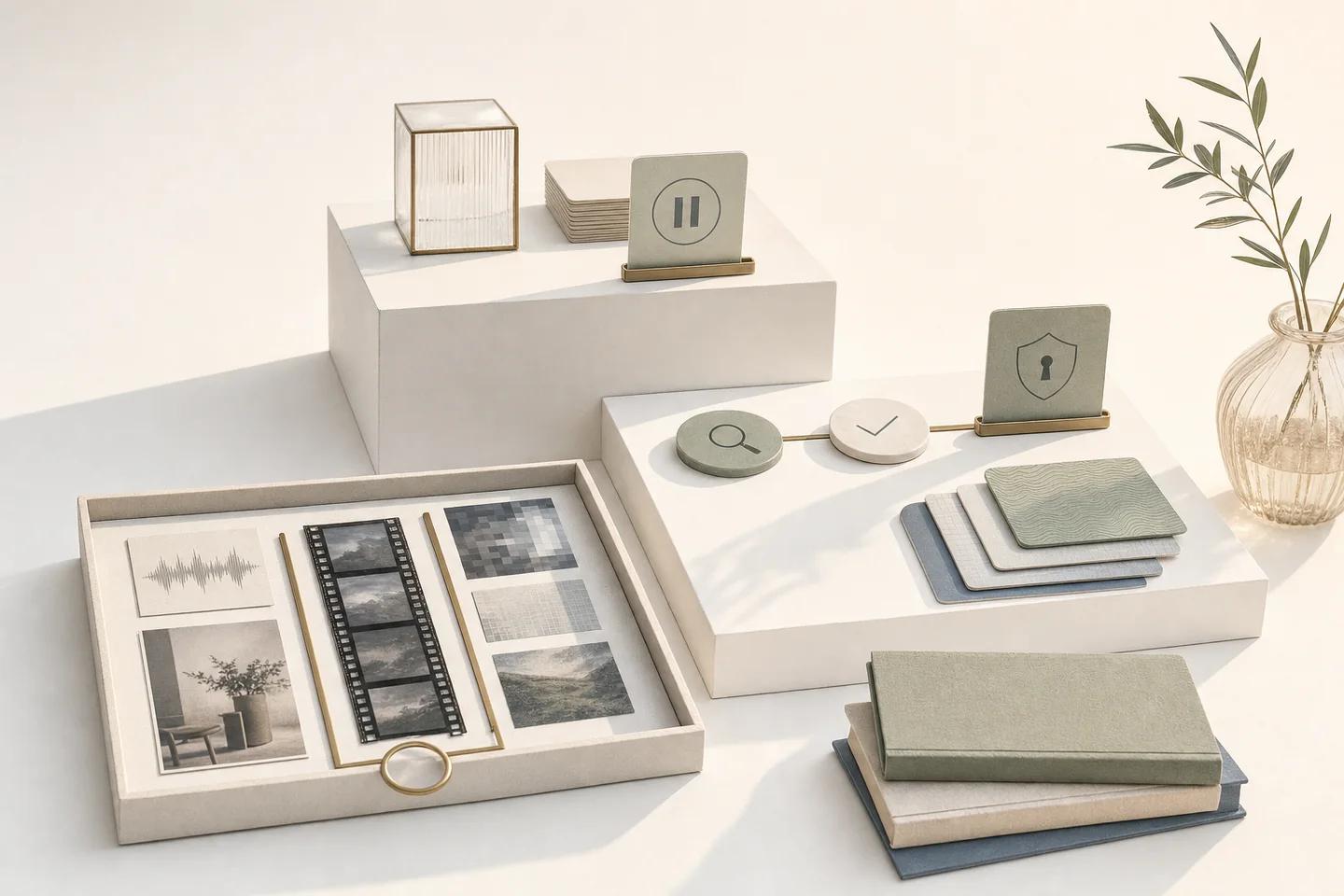 Still life of an audio waveform card, a film strip and photo prints in a tray beside search, check and shield tokens on white plinths.