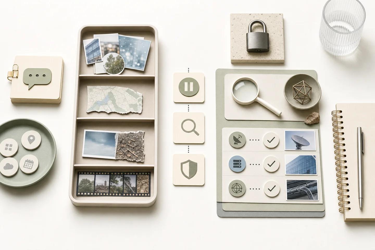 Verification objects arranged on a white surface, representing how public information feeds an attack.