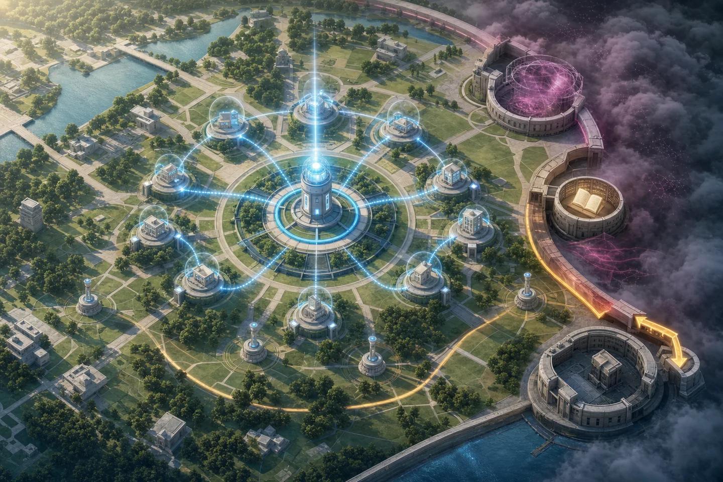 Aerial illustration of a civic campus where a central beacon sends light to surrounding domed buildings while a purple cloud of rumor is held back behind a wall on one side.
