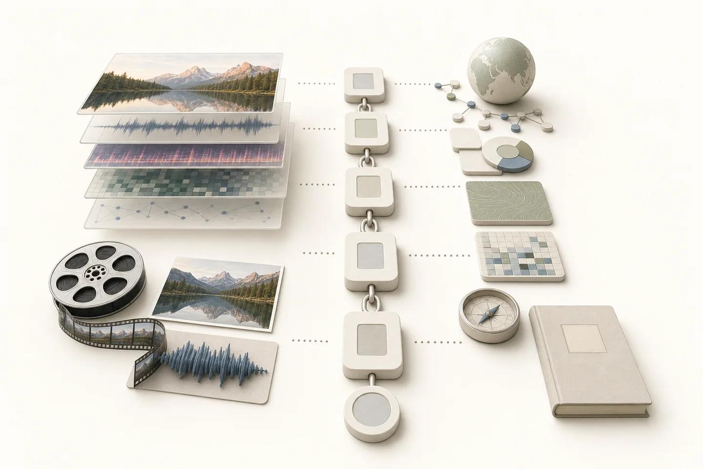 Light enterprise still life for best multimodal deepfake detection platforms: what-related verification objects on a white surface, no people.