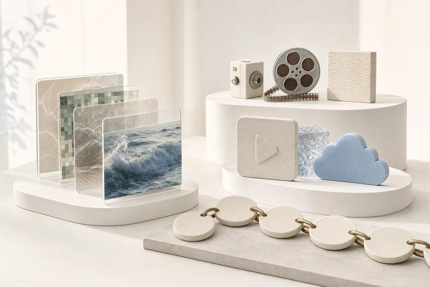 Light enterprise still life for deepfake detection vs liveness detection: deepfake-related verification objects on a white surface, no people.