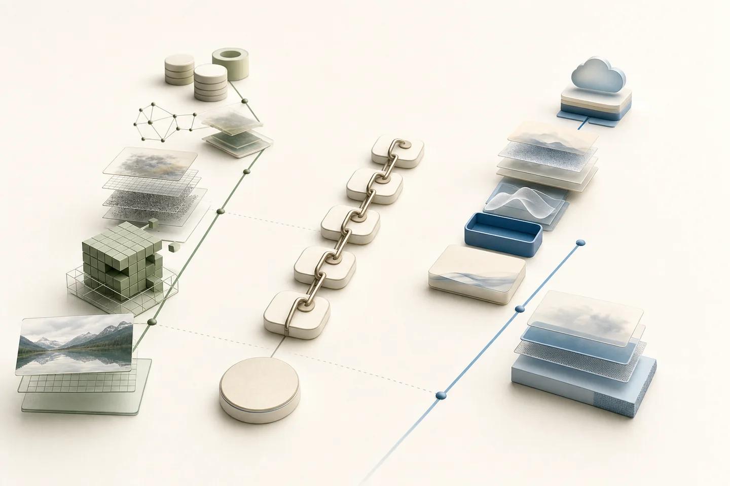 Two parallel tracks of data blocks and image layers on a white surface, linked across the middle by a chain of connected tiles.