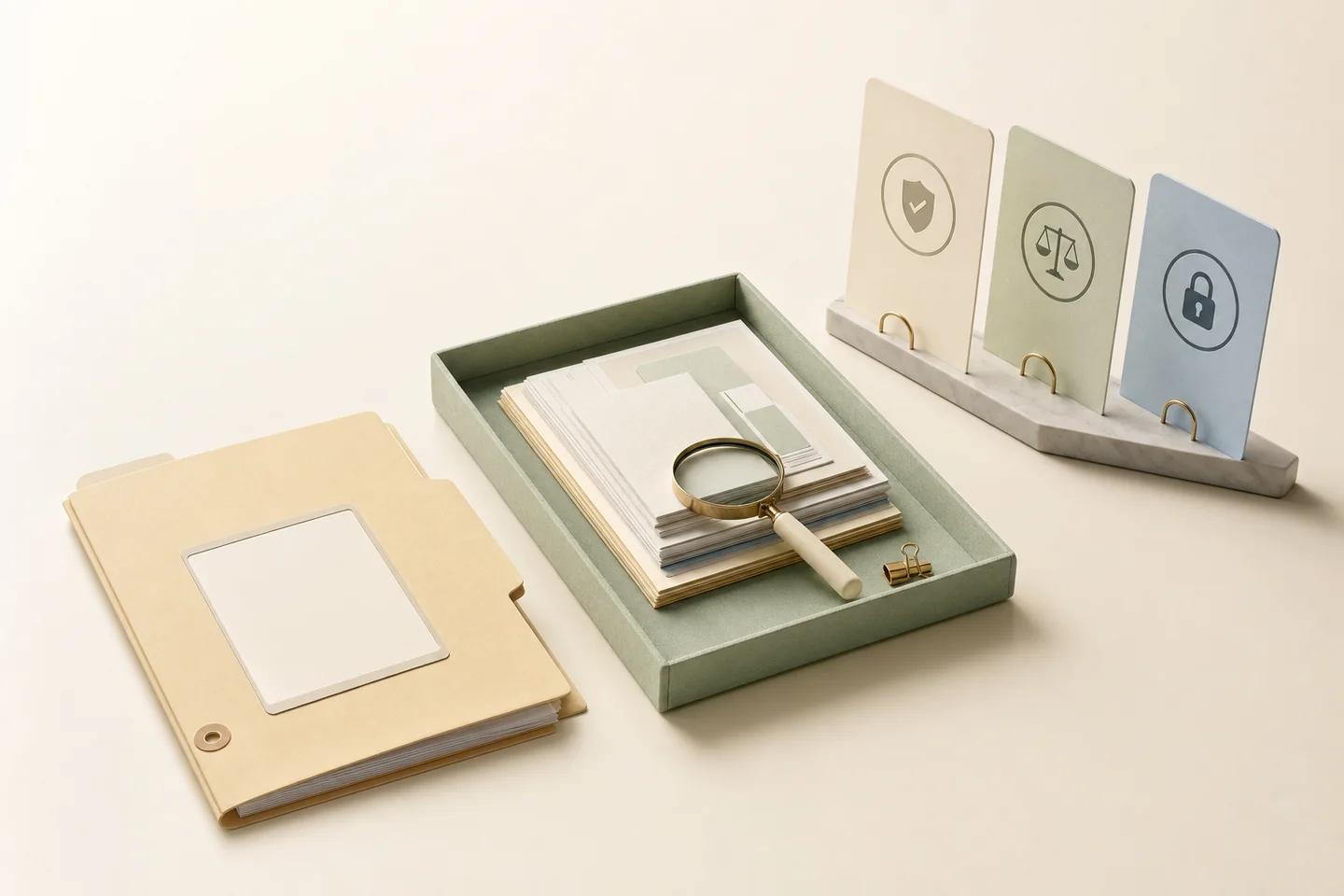 Verification objects arranged on a light surface, representing the checks in a KYC review
