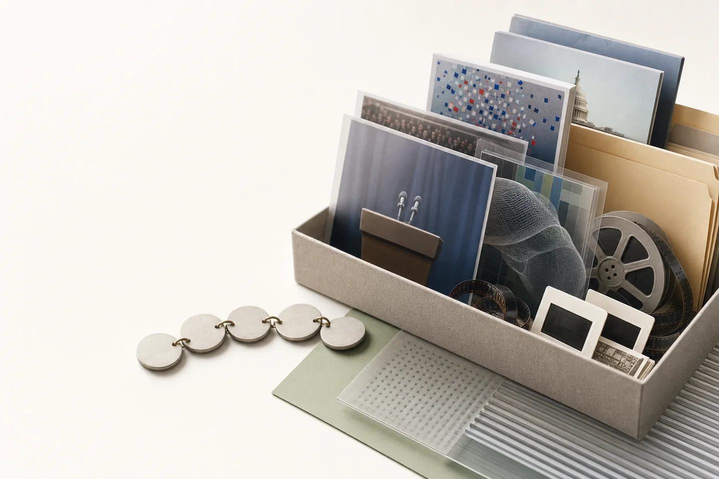 A box of filed election photos showing a podium and crowds, with a film reel and linked discs in front.