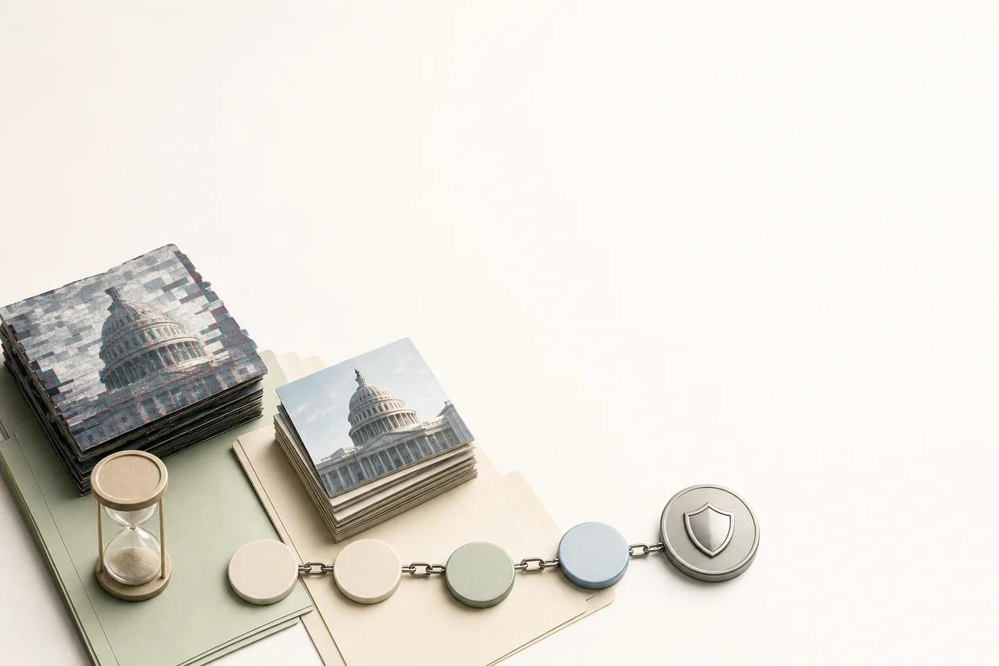 A stack of capitol photo tiles beside an hourglass and a chain of discs ending in a shield token.