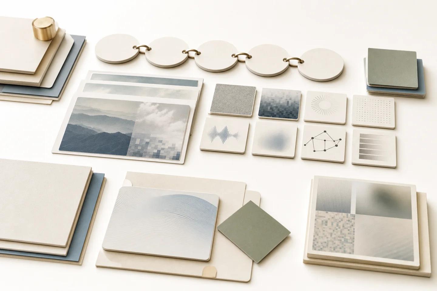 Landscape prints, sample tiles and swatches laid in a grid beside a row of linked discs.