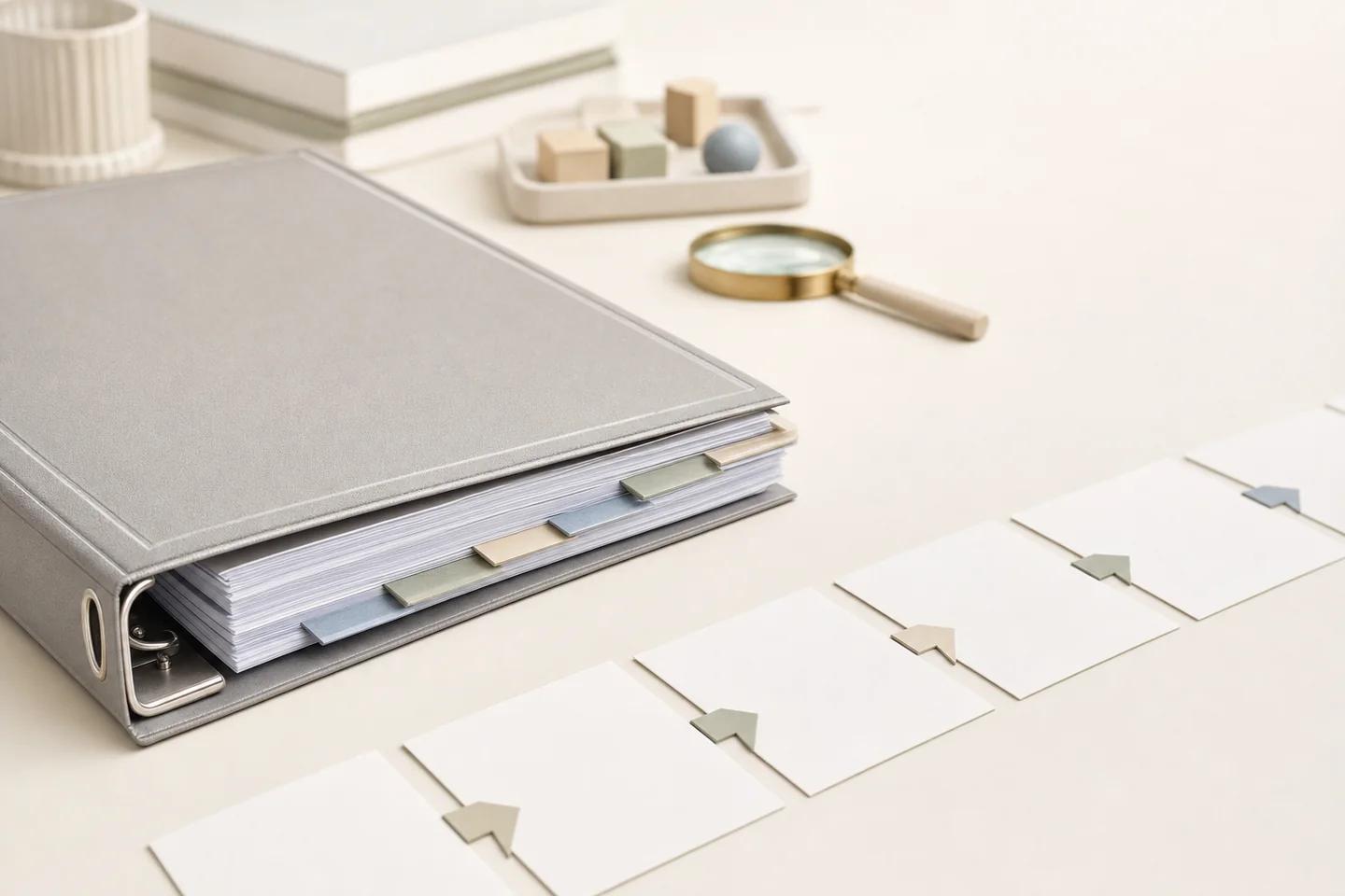 A grey binder beside a row of white cards linked by arrows, with a magnifying glass and small blocks in the background.