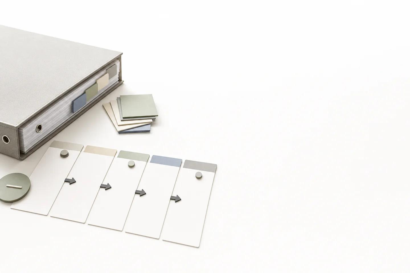 A grey binder beside a sequence of white cards joined by arrows and topped with coloured tabs on a white surface.