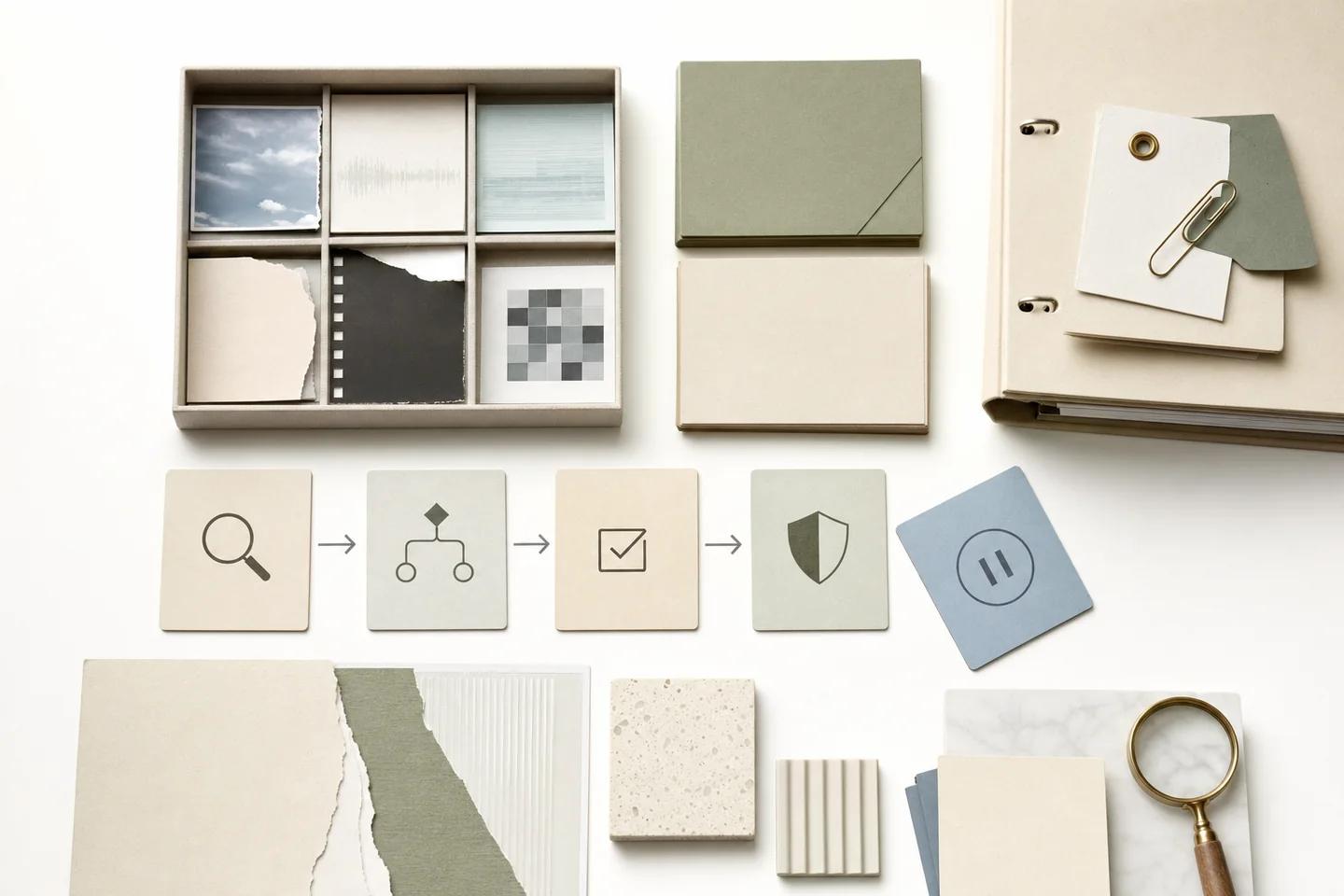 A tray of photo tiles including a pixelated face, a row of icon cards showing search, branching, a checkmark and a shield, and torn paper with a magnifying glass.
