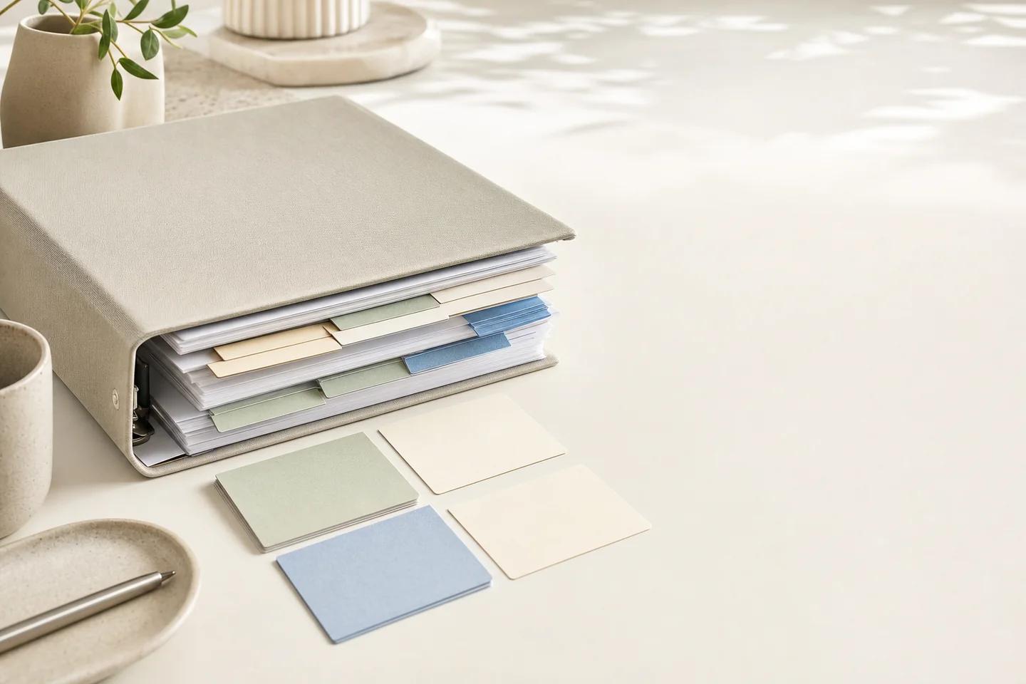 A thick binder with coloured tab dividers, blank colour cards and a pen tray on a bright desk.