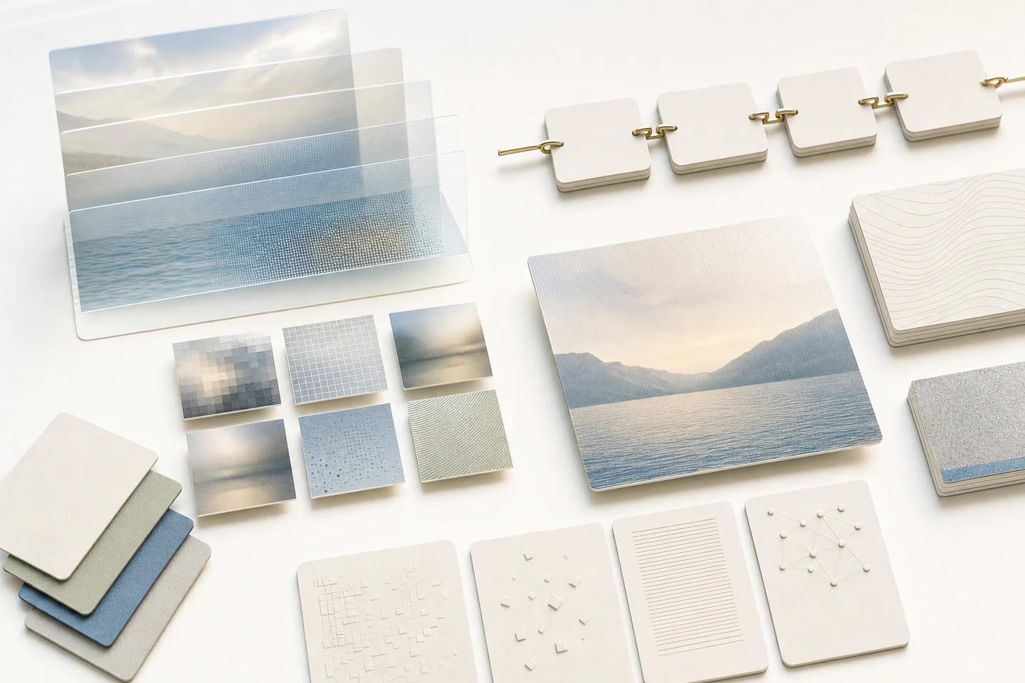 Translucent landscape panels, a chain of square tags and grids of image tiles on a white surface.