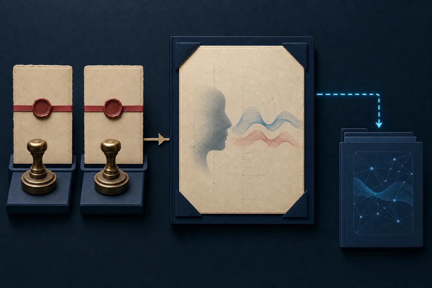 Two sealed paper cards with brass stamps lead by an arrow to a framed profile of a face with a sound wave, then to a dark panel of connected points.