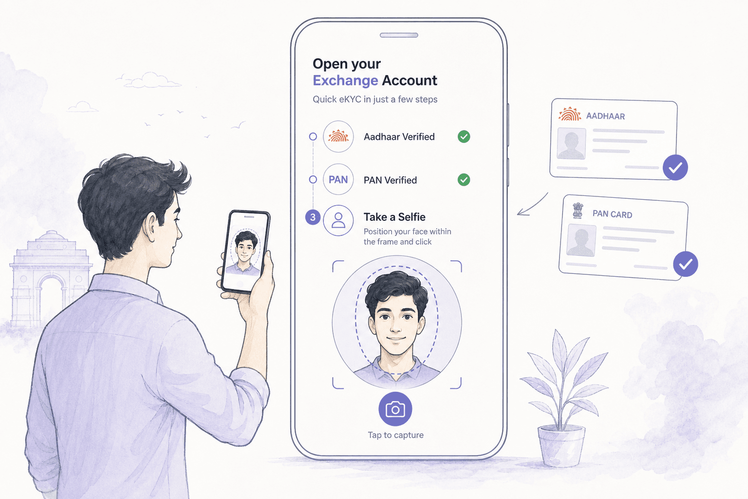 Illustration of a crypto exchange signup screen at the selfie capture step of KYC.