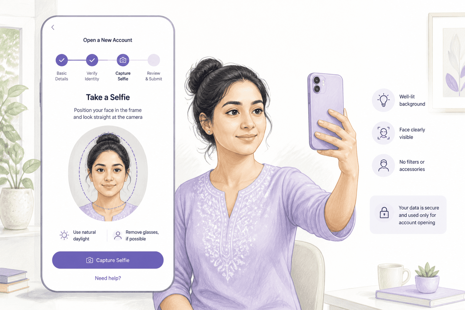 Illustration of a mobile banking app at the selfie capture step of account opening.