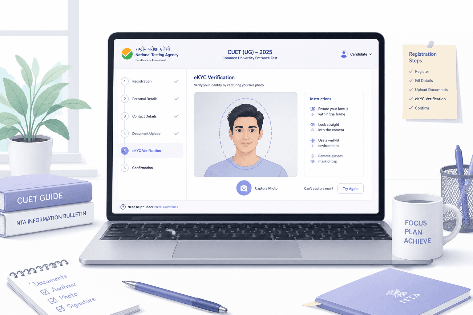 Light editorial illustration of a student registration screen with a selfie capture step beside an online exam window.