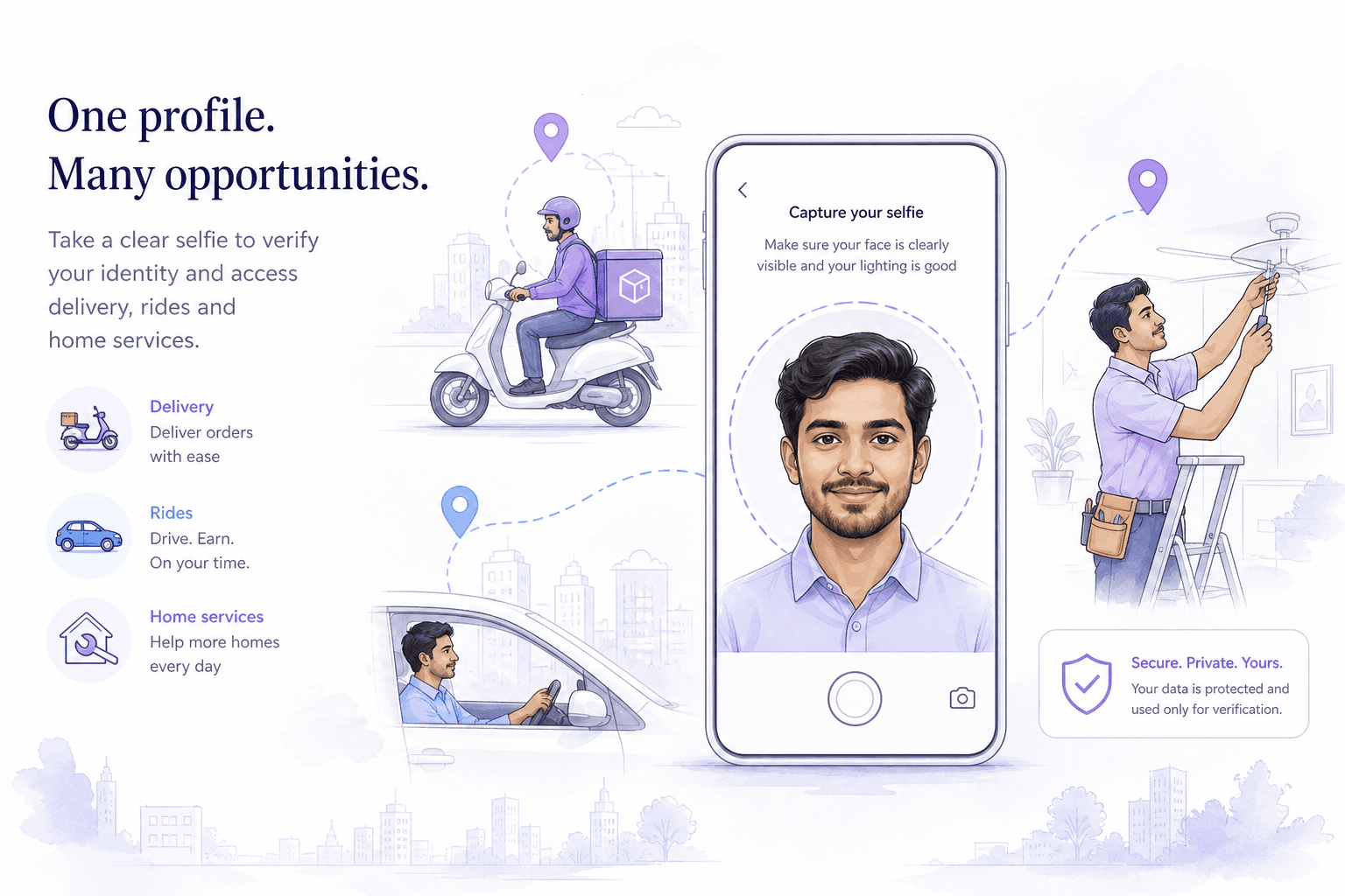 Light editorial illustration of a gig worker onboarding app with a selfie capture step on a phone on a light background.