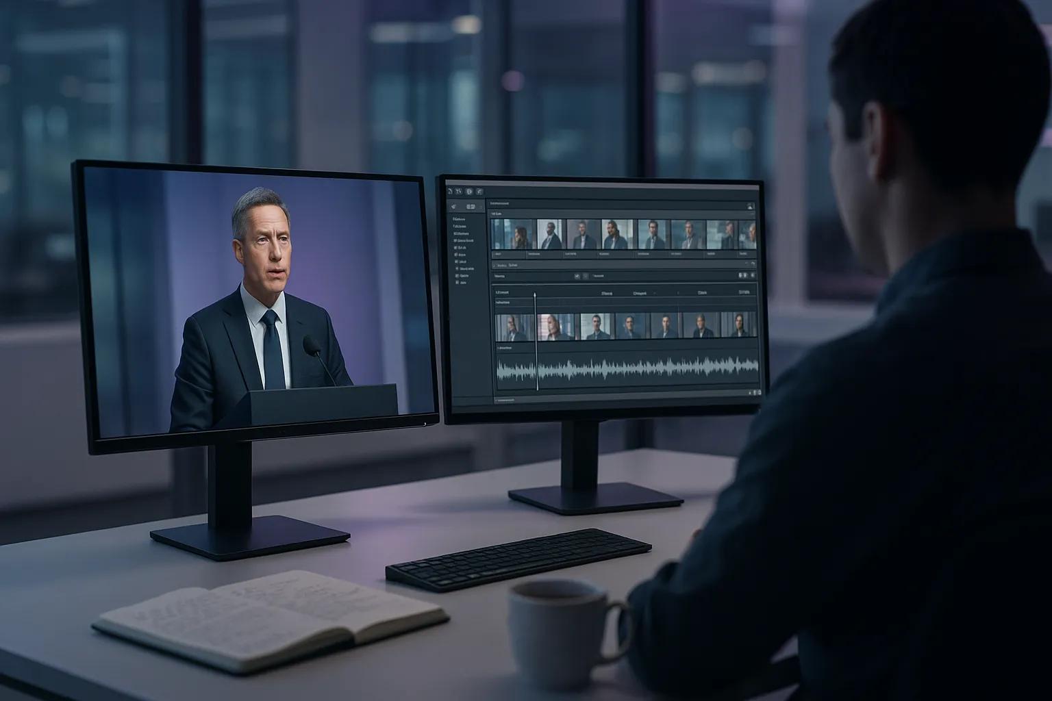 An analyst at a verification desk reviews a paused video frame beside a timeline of frames and an audio waveform