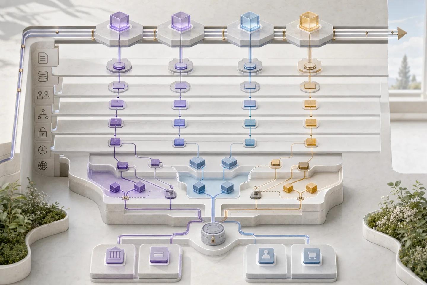Append-only evidence layers connect identifiers, source context, versions, actors, exceptions, state changes, access, and downstream effects.