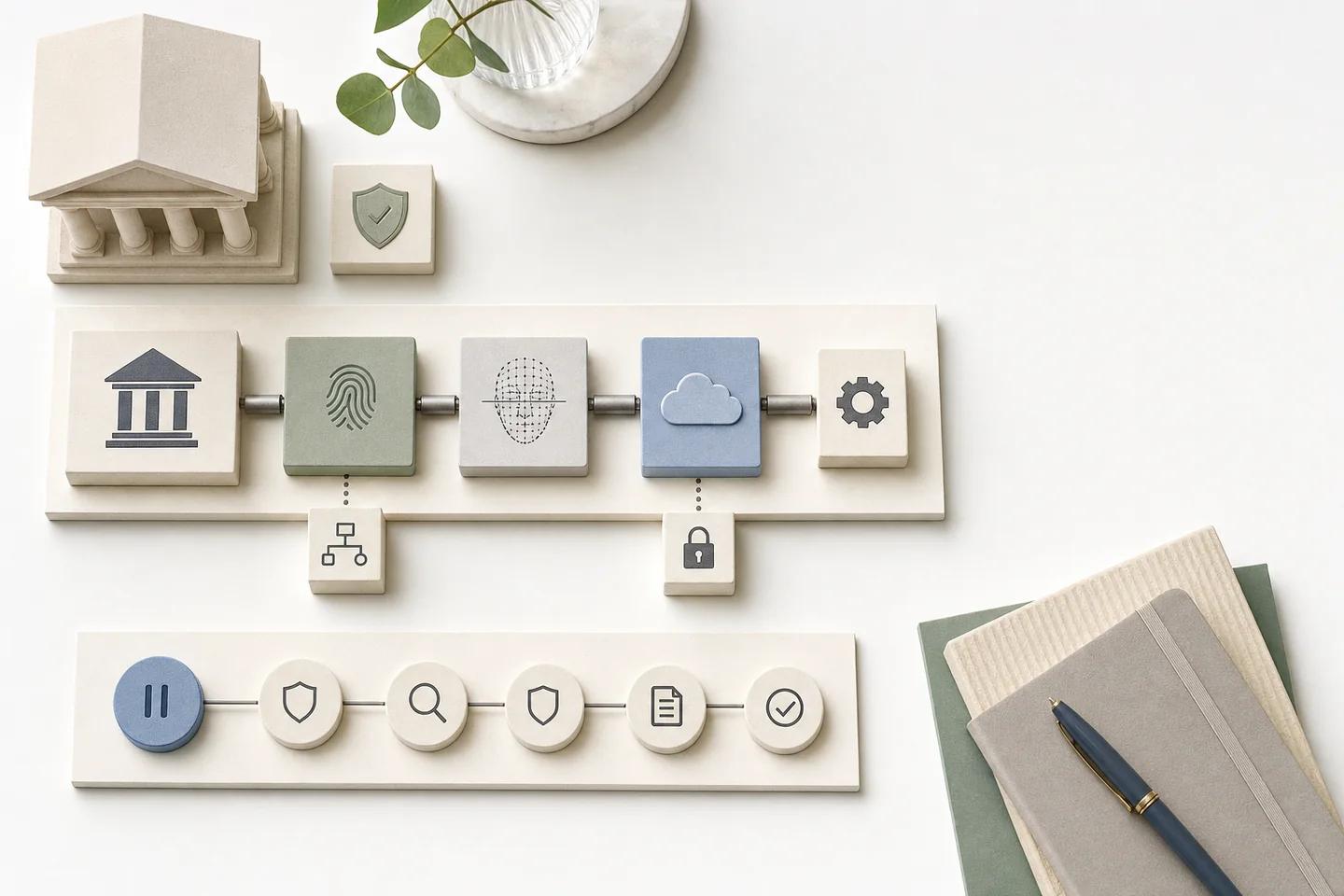 Stone blocks showing a bank, fingerprint, face mesh, cloud and gear joined in a row, with a second row of review and approval icons below.