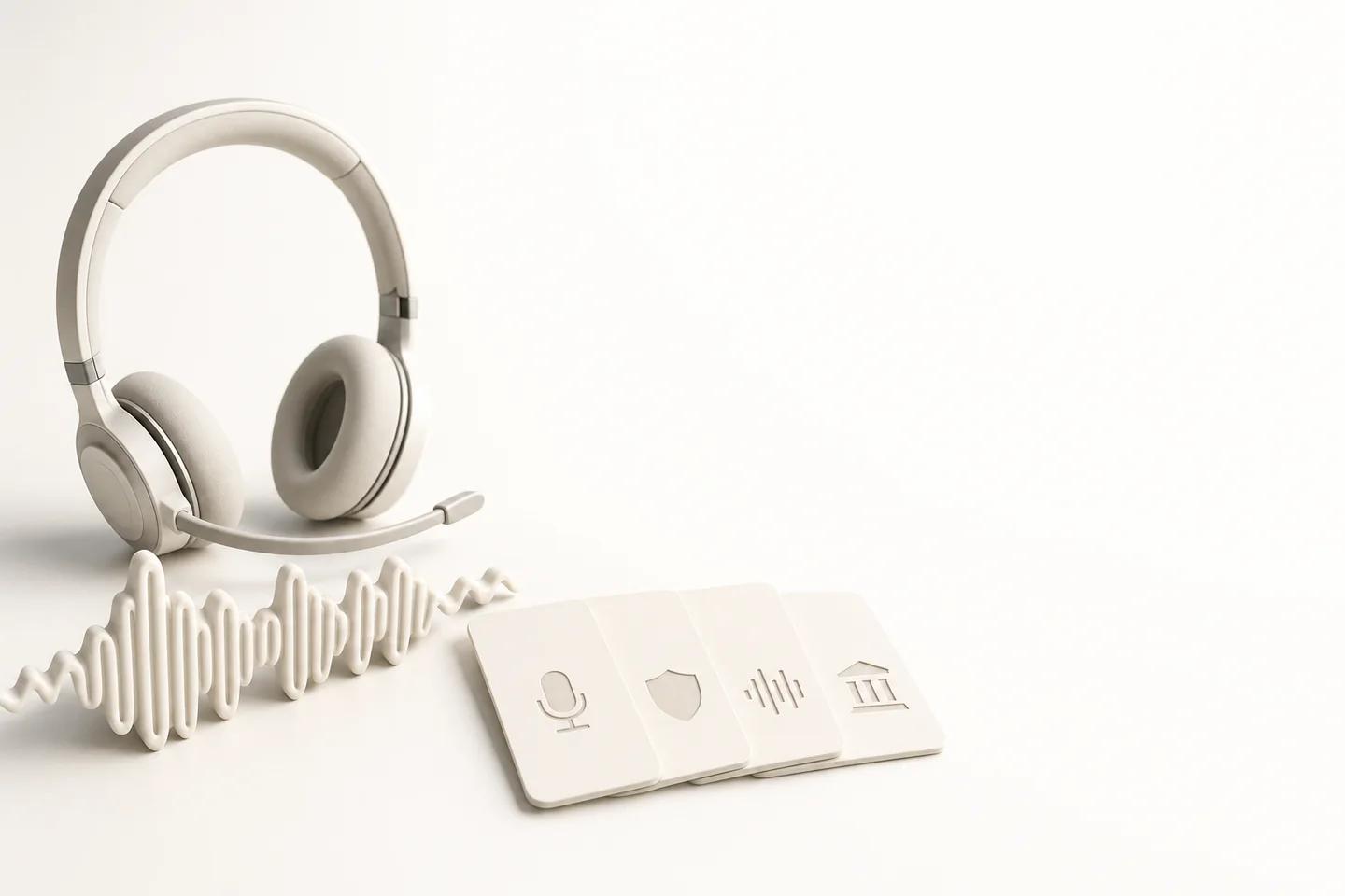A white headset beside a sculpted sound wave and cards showing microphone, shield, waveform and bank icons.