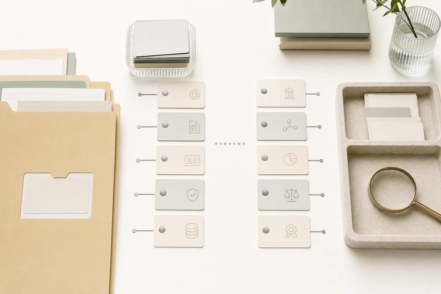 Folders beside two columns of small cards connected by lines, with a tray and magnifying glass.