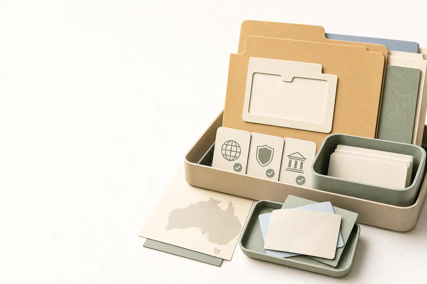 Box of folders and icon cards with checkmarks next to a card showing an outline map of Australia.