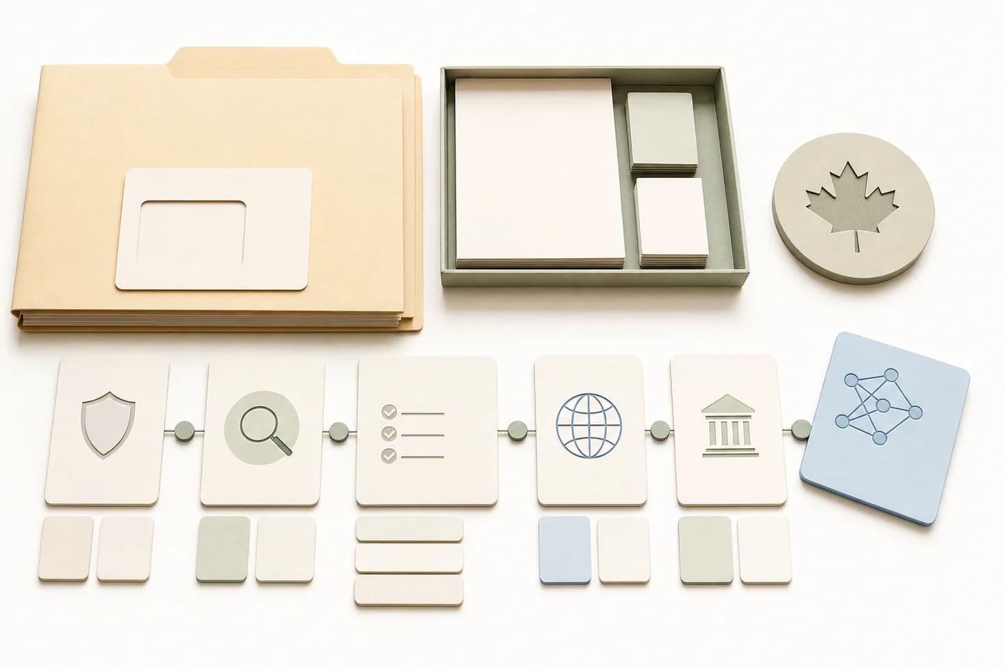 Folders and a tray beside a maple leaf medallion and a row of shield, search, list, globe and bank icon tiles.