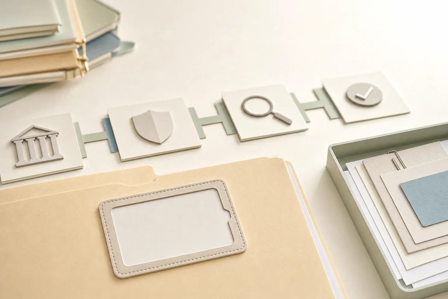 Chain of tiles with bank, shield, search and check icons above a folder and a tray of documents.