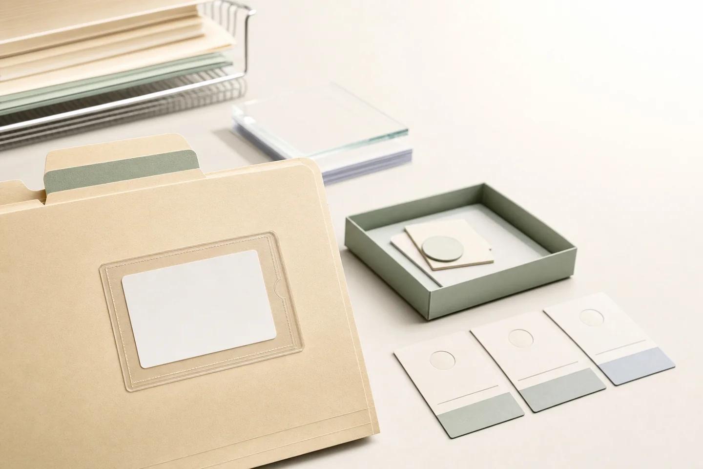 A manila case folder with a blank label beside a green tray of small cards and three ID-style cards with circular photo areas.